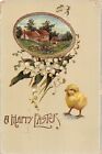 Gilded Old Gelatin Easter PC-Chick & Lovely Lily of the Valley by a Home Scene