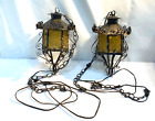 Vtg pair 2 Gothic Folk Art Rustic Spanish yellow Glass Hanging Lantern light