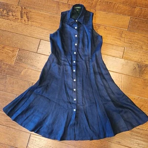 Abito Lauren Ralph Lauren taglia 10 lino navy foderato senza maniche cintura abbottonata - Foto 1 di 17