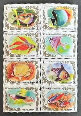 UAE - Ajman - minisheet of 8 stamps w/ 1st day cancel. w/o gum - fishes - 1972 - Image 1 of 2