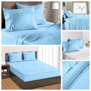 US Sizes Egyptian Cotton Select TC & Fitted Deep Pocket Sky Blue Stripes Sheets - Picture 1 of 12