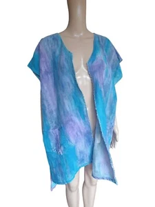 Womens Wearable Art Hemp Linen Open Duster Jacket Hand Dye Multicolor XXL - Picture 1 of 12