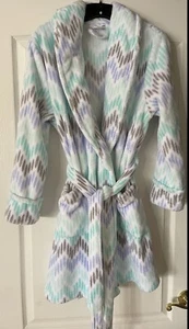 New SONOMA Plush Fleece Bath Robe White Aqua Gray Lavender Women's Medium - Picture 1 of 6