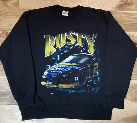 Vintage RUSTY WALLACE 90s NASCAR AOP Double Sided Nutmeg Sweatshirt Mens Large Cover
