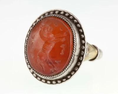 Argento Afghan Vintage Anello Corniola Intaglio Ottone Accenti Misura 6 - Immagine 1 di 4