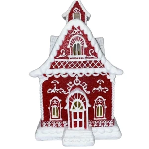 Christmas Red WHITE 14" Victorian LED Village Icing Resin GINGERBREAD HOUSE New - Picture 1 of 4