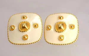 Statement Couture Ohrclips goldfarben beige Emaille, Vintage Designer Gold - Bild 1 von 6