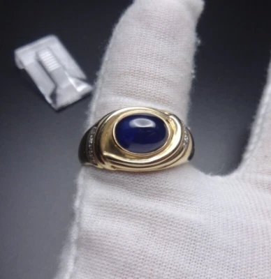 14K SOLID Gold Blue Sapphire Diamond Cabochon MENS Ring 10.75 - Image 1 of 4