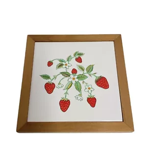 Vintage Ceramic Tile Trivet Strawberry Vines Wood Framed Wall Hanger Decor - Picture 1 of 5