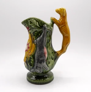 Olfaire Portugal Majolica Style Hunting Themed Game Rabbit Dog Handle Pitcher Ju - Picture 1 of 21