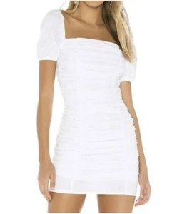 SUPERDOWN Revolve Rumor Ruched White Mini Puff Sleeve Dress size Small - Picture 1 of 7