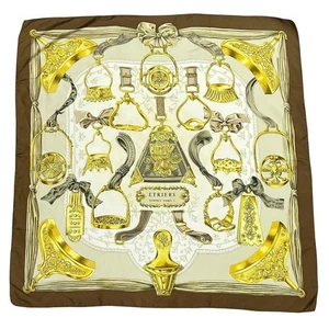 Sciarpa HERMES ETRIERS Carre 90 seta 100% marrone senza etichette senza scatola usata. - Foto 1 di 5