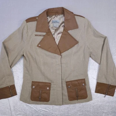 Chaqueta Blazer Moto Lino Metálico Cuero Marrón Borde Grunge Indie Manga Cremallera Pequeña Foto 1 de 4