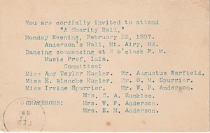 Mt. Airy MD 1897 Invite to "A Charity Ball" Anderson's Hall, Mt. Airy, MD - Picture 1 of 2