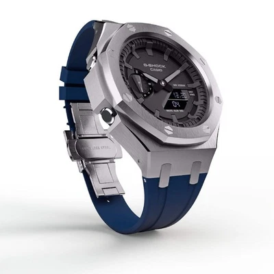 Casioak Mod Custom Watch Casio G-Shock GA-2100 Silver Case Blue Strap GA2100 - Image 1 of 4