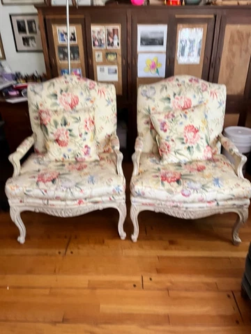 Pair of  French Louis XV Style Patinated Bergère Chairs Cover
