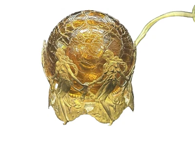 ANTIQUE ART NOUVEAU LAMP CRACKLE GLASS GLOBE ON DANCING NYMPHS BASE-FREE SHIP - Image 1 of 4