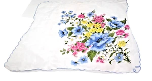 Vtg Lady's Handkerchief Hanky Floral Bouquet on White Embroidered Blue Trim 15" - Picture 1 of 1