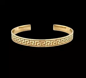 Mens 14K Solid Yellow Gold Greek Key Cuff Bangle Bracelet 22.3 Grams - Picture 1 of 10