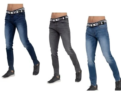 Pantalones de mezclilla para hombre con cinturón de lona ajustados calce ajustado con escotilla cruzada ""Barbeck Foto 1 de 4