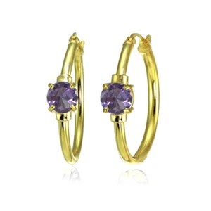 Solitaire Simulated Alexandrite 25mm Hoop Earrings in Gold Plated 925 Silver - Picture 1 of 3