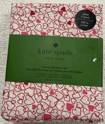 Nuevo con etiquetas Juego de sábanas completo Kate Spade (4 piezas) algodón percal rojo y rosa corazones blanco Foto 1 de 4