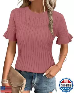 ArachandCloz Womens Short Sleeve Sweater Tops 2025 Spring Summer Crew Neck Ri - Picture 1 of 5