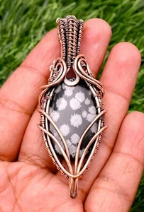 Snowflake Obsidian Pendant Copper Wire Wrapped Handmade Jewelry Pendant Necklace - Picture 1 of 9