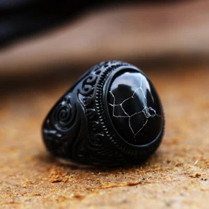 Vintage Black Agate Signet Ring Stainless Steel Men's Wedding Jewelry Biker Ring - Picture 1 of 3