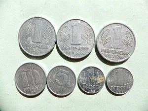 EAST GERMANY - DDR. 1 mark 1956, 1962 x2. 10 pfennig 1963. 5pf 1968. 1pf 1968 x2 - Picture 1 of 2