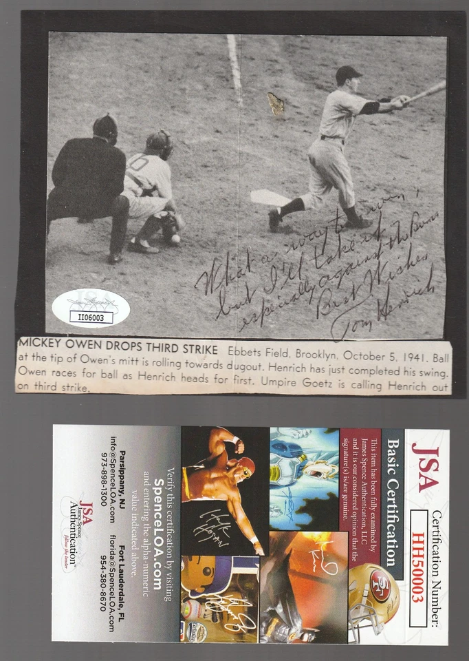 Tom Henrich (d.2009) Signed 4x5 Newspaper Photograph Autographed 41 WS Photo JSA - Image 1 of 1