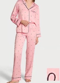 Victoria's Secret Women's Pajama Set Pink Satin Black Hearts & Trim Medium NWT