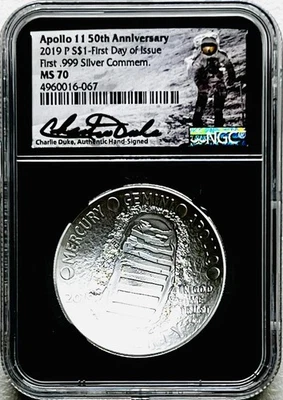 2019 P $1 Silver Apollo 11 50th Anniversary NGC MS70 FDOI Charlie Duke Signature - Image 1 of 3