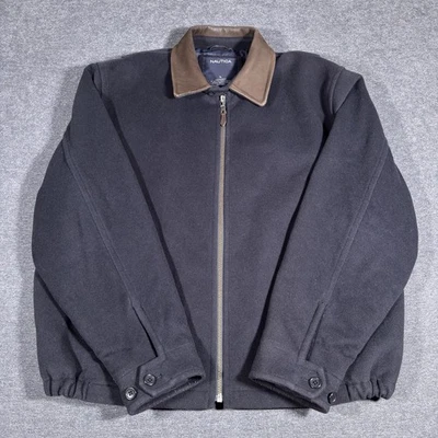 Chaqueta de cuero de lana Nautica para hombre cremallera completa acolchada forrada azul marino abrigo de granero pesado Foto 1 de 4