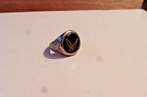 VTG Celtic Style Silver Tone Pewter? Round Onyx Ring Soaring Bird Adjustable - Picture 1 of 7