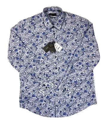 全新带标签 $135 Quieti 弹力花卉印花长袖编织衬衫男式 L — 第 1/4 张图片