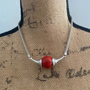 Vintage Monet Art Deco Collar Necklace Silver Tone Red Ball - Picture 1 of 4