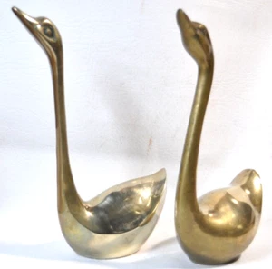 Vintage Pair Set 9" High Solid Brass Swans Ducks Statue Figurines MCM - Picture 1 of 5
