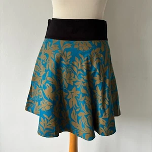 Reiss Blue Brown Floral Pure Silk Mini Skirt Black Waistband Size 10 Length 19" - Picture 1 of 10