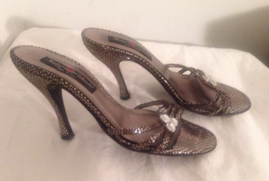 Hollywould Metallic/Black Speckled Slip On Strappy Sandals 4" Heels Sz 8.5 EUC  - Image 1 of 4