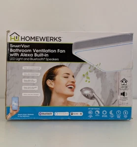 HOMEWERKS SmartVent Bathroom Ventilation Fan Bluetooth Speakers LED Light Alexa - Picture 1 of 10