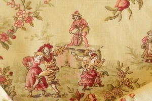 Vintage yellow and red French toile upholstery fabric remnant 33" by 54" - Picture 1 of 9