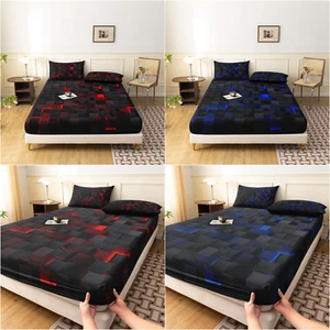 3Pcs Checked Grid 3D Visual Geometry Fitted Sheet Mattress Cover Set Deep Pocket - Picture 1 of 20