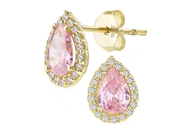 9ct Yellow Gold Simulated Pink Sapphire Teardrop Pear Cluster Stud Earrings - Image 1 of 4