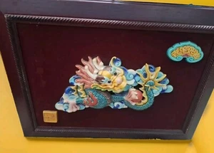 Drago ceramica cinese che tiene palla cornice legno arte da parete - BENEDIZIONE - Foto 1 di 16