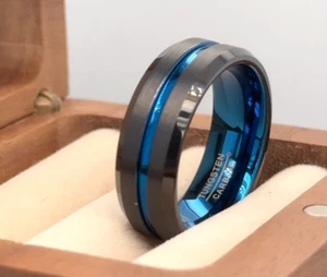 Blue and Black Tungsten Ring Thin Center Line Wedding Band Ring for Him and Her - Picture 1 of 7
