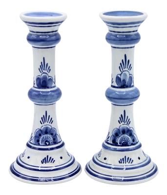 Vintage Blue and White Dutch Delft Ceramic Candlesticks - Image 1 of 4