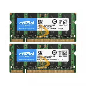 8GB Crucial Kit 2X 4GB 2RX8 PC2-6400 DDR2-800MHz 200pin SODIMM Memory Laptop - Picture 1 of 3
