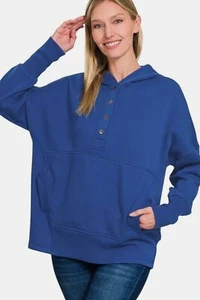 Zenana Half Snap Long Sleeve Womens Hoodie with Kangaroo Pocket - Picture 1 of 3