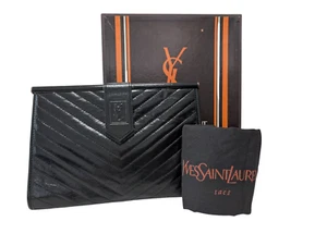 Yves Saint Laurent Clutch Second Bag Purse Leather Black YSL Vintage Authentic - Picture 1 of 24